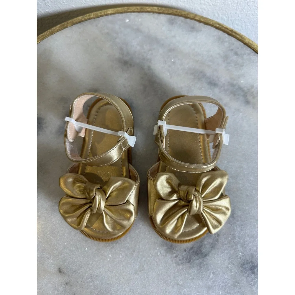 Girls Toddler Gold Metallic Bow Sandals Hook Loop Dress Shoes